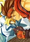  blonde_hair blue_eyes brown_hair clenched_hand faux_traditional_media fingerless_gloves forehead_protector gloves grin guilty_gear guilty_gear_xrd hair_ribbon headband highres ky_kiske long_hair md5_mismatch multiple_boys muscle no_n@me ponytail ribbon smile sol_badguy spiked_hair sword weapon 