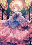  hairband heart highres komeiji_satori kyoma_(yellowxcake) long_sleeves looking_at_viewer pink_hair red_eyes shirt short_hair skirt solo stained_glass third_eye touhou wide_sleeves 