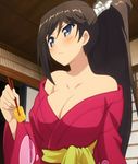  black_hair blue_eyes breasts chopsticks cleavage food hentai_ouji_to_warawanai_neko. highres japanese_clothes kimono large_breasts ponytail screencap solo tsutsukakushi_tsukushi 