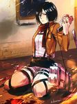  bad_id bad_pixiv_id belt black_eyes black_hair blood boots jacket long_sleeves mikasa_ackerman nijiri_fumi pants paradis_military_uniform scarf seiza shingeki_no_kyojin short_hair sitting solo sword thigh_strap three-dimensional_maneuver_gear weapon 