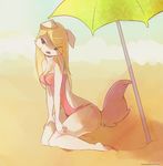  anthro blonde_hair blue_eyes canine cleavage clothed clothing dahliabee female fur hair kneeling mammal one-piece_swimsuit smile swimsuit umbrella white_fur 