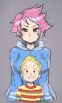  1girl bad_source blonde_hair blue_eyes blush breasts height_difference hood hoodie kumatora large_breasts lucas maniacpaint mother_(game) mother_3 pink_hair shirt short_hair sketch striped t-shirt 