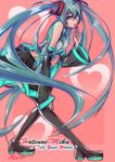  2012 aqua_eyes aqua_hair boots character_name copyright_name dated deathklovc detached_sleeves hatsune_miku heart leaning_forward long_hair necktie open_mouth signature skirt solo tell_your_world_(vocaloid) thigh_boots thighhighs twintails very_long_hair vocaloid 