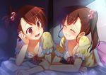  :d ^_^ breasts brown_eyes brown_hair cleavage closed_eyes downblouse floral_print futami_ami futami_mami grin hair_bobbles hair_ornament idolmaster idolmaster_(classic) lying medium_breasts multiple_girls on_stomach open_mouth pajamas print_pajamas racer_(magnet) siblings side_ponytail sisters small_breasts smile twins under_covers 