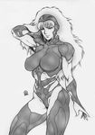  2000 android armor breasts dairoku_tenma greyscale headgear hi_no_tori hi_no_tori_2772 highres large_breasts long_hair monochrome muscle muscular_female naughty_face olga_(phoenix_2772) playing_with_hair realistic science_fiction seductive_smile signature smile toned 