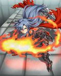  armor blue_hair fighting_stance fire green_eyes long_hair original scarf solo weapon yoruusagi 