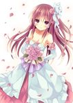  blush bouquet breasts cleavage dress elbow_gloves flower gloves hair_ornament hair_ribbon hair_tubes hakurei_reimu looking_at_viewer medium_breasts mizumidori petals pink_hair purple_eyes ribbon rose rose_petals smile touhou wedding_dress 