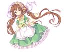  amemiya_ruki apron brown_eyes brown_hair colorized dress hair_ribbon highres long_hair looking_at_viewer maid_headdress original puffy_sleeves ribbon sash shirt short_sleeves solo twintails very_long_hair waist_apron 