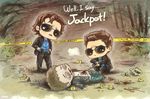  brothers brown_hair corpse dean_winchester english formal gun image_sample kio09 male_focus md5_mismatch multiple_boys pixiv_sample poking sam_winchester siblings suit sunglasses supernatural_(tv_series) weapon 