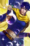  absurdres bad_id bad_pixiv_id blue_eyes blue_hair bubble bubble_blowing facial_mark fingerless_gloves gloves highres jojo_no_kimyou_na_bouken joseph_joestar_(young) lloule male_focus midriff scarf solo sparkle yellow_scarf 