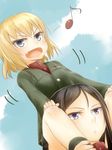  akino_shuu blonde_hair blue_eyes blush expressionless fang girls_und_panzer jacket katyusha long_hair military military_uniform multiple_girls nonna pravda_school_uniform short_hair smile uniform 