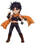  black_hair bola_(weapon) boots chibi electricity fingerless_gloves full_body gloves green_eyes grin jojo_no_kimyou_na_bouken joseph_joestar_(young) male_focus midriff nishizawa_saburou scarf simple_background smile solo white_background 