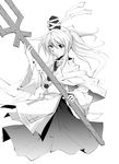  greyscale hat highres houshin_engi kakao_(noise-111) long_hair looking_at_viewer monochrome mononobe_no_futo polearm simple_background smile solo touhou trident weapon white_background 