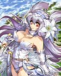  2013 bare_shoulders blue_hair breasts bridal_gauntlets character_request cleavage flower hair_flower hair_ornament hairband harem_gain hisahiko large_breasts long_hair looking_at_viewer official_art red_eyes smile solo sword watermark weapon 