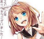  blonde_hair blue_eyes highres kagamine_rin open_mouth short_hair simple_background smile solo translated vocaloid wakatsuki_you white_background 