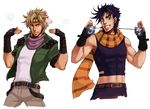  black_hair blonde_hair bola_(weapon) boots bubble caesar_anthonio_zeppeli facial_mark feathers fingerless_gloves gloves green_eyes green_jacket hair_feathers headband jacket jojo_no_kimyou_na_bouken joseph_joestar_(young) midriff multiple_boys nishizawa_saburou scarf 