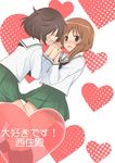  akiyama_yukari blush brown_eyes brown_hair closed_eyes girls_und_panzer holding_hands inoue_mitan multiple_girls nishizumi_miho ooarai_school_uniform school_uniform short_hair smile yuri 