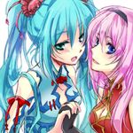  aqua_hair blue_eyes china_dress chinese_clothes dress gloves green_eyes hatsune_miku holding_hands kougyoku_(module) long_hair lowres megurine_luka multiple_girls open_mouth pink_hair project_diva_(series) project_diva_f suigyoku_(module) tetoripeco twintails vocaloid world's_end_dancehall_(vocaloid) 