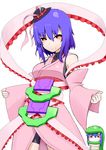  amane_nishiki amane_nishiki_(cosplay) bare_shoulders blazblue blazblue:_chronophantasma blue_hair blush bow cosplay detached_sleeves frills hat hinanawi_tenshi japanese_clothes kuroshiro_(ms-2420) multiple_girls nagae_iku red_eyes ribbon shawl short_hair smile snake_costume touhou trait_connection 