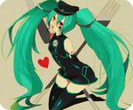  bad_id bad_pixiv_id elbow_gloves fork gloves green_hair hat hatsune_miku headset heart kneeling knife long_hair mossariman open_mouth peaked_cap red_eyes sadistic_music_factory_(vocaloid) solo thighhighs twintails very_long_hair vocaloid 