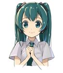  domo1220 green_eyes green_hair hands_together hatsune_miku headphones long_hair looking_at_viewer lowres necktie simple_background smile solo twintails upper_body vocaloid white_background 