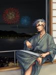  barefoot black_eyes black_hair diamond_wa_kudakenai earrings fireworks hatakeyama_0222 headband japanese_clothes jewelry jojo_no_kimyou_na_bouken kimono kishibe_rohan male_focus solo 