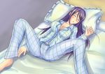 1girl absurdres bed blush breasts dunamis eyes_closed female highres long_hair lying on_back original pajamas pillow purple_hair sleeping solo spread_legs 