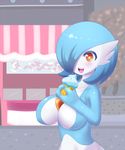  alternate_color bangs blush breasts cleavage food gardevoir gen_3_pokemon hair_over_one_eye heart heart-shaped_pupils highres holding ice_cream jcdr large_breasts lucy_(jcdr) no_humans open_mouth orange_eyes pokemon pokemon_(creature) shiny_pokemon smile solo star symbol-shaped_pupils 