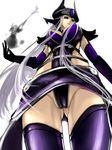  black_gloves breasts cameltoe ear_protection elbow_gloves forehead_jewel forehead_protector from_below gloves helmet highres kumiko_shiba large_breasts league_of_legends long_hair pauldrons purple_eyes purple_legwear silver_hair smile smoke solo syndra thighhighs upskirt very_long_hair 