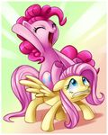  abstract_background blue_eyes border centchi cutie_mark duo equine eyes_closed female feral fluttershy_(mlp) friendship_is_magic fur hair happy hi_res horse horseback looking_up mammal my_little_pony open_mouth pegasus pink_fur pink_hair pinkie_pie_(mlp) pony sitting tongue wing_boner wings yellow_fur 