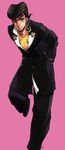  black_hair gakuran green_eyes hands_in_pockets higashikata_jousuke jojo_no_kimyou_na_bouken male_focus nishizawa_saburou pink_background pompadour school_uniform simple_background solo 