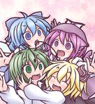  ahoge antennae bad_id bad_pixiv_id blonde_hair blue_eyes blue_hair bow cherry_blossoms cirno closed_eyes fang floral_background green_eyes green_hair group_hug hair_bow hair_ribbon hat hug imminent_hug long_sleeves multiple_girls mystia_lorelei open_mouth outstretched_arms purple_eyes purple_hair ribbon rumia short_hair spread_arms takanoru team_9 touhou wings wriggle_nightbug 
