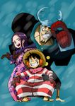  1girl 2boys coat cyborg franky gloves grin hat jacket monkey_d_luffy multiple_boys nico_robin one_piece punk_hazard sandals smile sosomotok squatting striped_clothes trio winter_clothes 