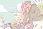  1girl braid brown_hair dixie_cup_hat flat_color grey_eyes hair_bobbles hair_ornament hat higashikata_jousuke_(jojolion) hirose_yasuho jojo_no_kimyou_na_bouken jojolion military_hat mnr_1x4 orange_hair pink_eyes pink_hair shoes sneakers 