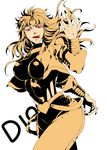  claws dio_brando dkaki fangs fingernails genderswap genderswap_(mtf) headband heart jacket jojo_no_kimyou_na_bouken leotard long_fingernails long_hair red_eyes solo tongue yellow_jacket 