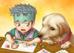  arnold_(jojo) black_hair child child_drawing crayon dog drawing grey_eyes grey_hair hatakeyama_0222 headband jojo_no_kimyou_na_bouken kishibe_rohan sugimoto_reimi sweater_vest younger 