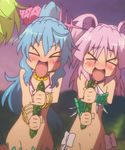  &gt;_&lt; 2girls animated animated_gif blue_hair bracelet cucumber eyes_closed hair_ornament hii-chan jewelry mermaid monster_girl multiple_girls namiuchigiwa_no_muromi-san pink_hair ponytail seashell sexually_suggestive shell sumida-san twintails 