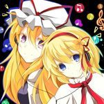  alice_margatroid blonde_hair blue_eyes capelet faech flower hair_flower hair_ornament hairband hat headphones long_hair multiple_girls musical_note purple_eyes short_hair smile touhou upper_body yakumo_yukari 