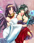  bare_shoulders black_hair breast_press breasts cleavage green_hair highres isis_(p&amp;d) large_breasts multiple_girls persephone_(p&amp;d) pout purple_eyes puzzle_&amp;_dragons red_eyes smile staff symmetrical_docking wings yamaneko 