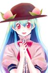  bad_id bad_pixiv_id blue_hair food fruit hat hinanawi_tenshi lips long_hair open_mouth peach red_eyes smile solo somaline touhou white_background 