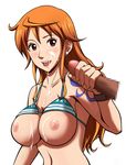  :d bikini_lift breasts brown_eyes censored corodastan cum cum_in_mouth cum_on_body cum_on_breasts cum_on_upper_body facial handjob hetero large_breasts log_pose long_hair mosaic_censoring nami_(one_piece) one_piece open_mouth orange_hair penis simple_background smile solo_focus tattoo white_background 