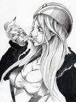 1girl breasts cleavage eating jewelry_bonney monochrome one_piece solo sosomotok 