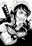  1girl baby_5 breasts cigarette cleavage donquixote_pirates mask mask_removed monochrome one_piece punk_hazard solo sosomotok tears 
