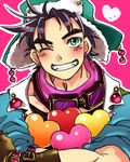  black_hair blue_eyes blue_jacket bomber_hat fangs fingerless_gloves gloves goggles goggles_around_neck grin hat heart jacket jojo_no_kimyou_na_bouken joseph_joestar_(young) male_focus nohko one_eye_closed scarf smile solo 