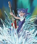  blue_eyes blue_hair bow cirno detached_wings electric_guitar guitar hair_bow ice instrument kyuu_umi open_mouth solo touhou wings 