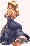  arc_the_lad ass bare_back bare_shoulders blonde_hair breasts brown_eyes dress from_behind highres huge_ass huge_breasts impossible_clothes lieza long_hair simple_background solo tokyo_(great_akuta) 
