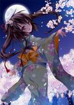  absurdres anapom blush brown_eyes brown_hair cherry_blossoms fang flower from_behind full_moon hair_flower hair_ornament hair_ribbon highres japanese_clothes kimono long_hair looking_back moon night non-web_source open_mouth original petals ribbon sky smile solo tree twintails 