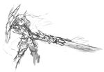  arceonn armor crossover greyscale huge_weapon long_hair misaka_mikoto monochrome monster_hunter shield sketch solo sword to_aru_kagaku_no_railgun to_aru_majutsu_no_index weapon zinogre_(armor) 
