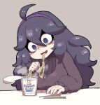  1girl @_@ absurdly_long_hair ahoge ai_drawing_anime_characters_eating_ramen_(meme) black_dress black_eyes black_hair chichibu_(watson) cup_ramen dress eating hairband hex_maniac_(pokemon) highres long_hair meme pokemon solo very_long_hair 