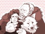  a_song_of_ice_and_fire beard coat facial_hair fur_trim ghost_(a_song_of_ice_and_fire) hug jeor_mormont jon_snow monochrome multiple_boys red wolf yd_switch 